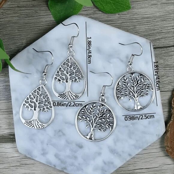 Antique Silver Vintage Style Round Drop Shape Hollow Tree Of Life Dangle Earring - Picture 4 of 8